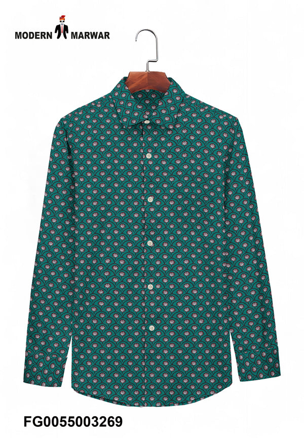 Modern Marwar Sanganeri print shirts in green with floral patterns and button-up design