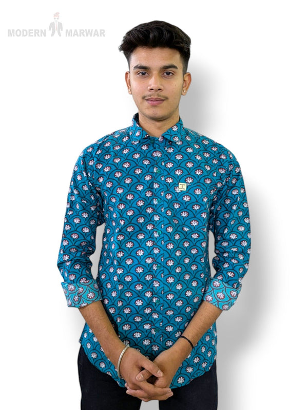 Modern Marwar Sanganeri print shirts in vibrant blue with floral patterns for a stylish look