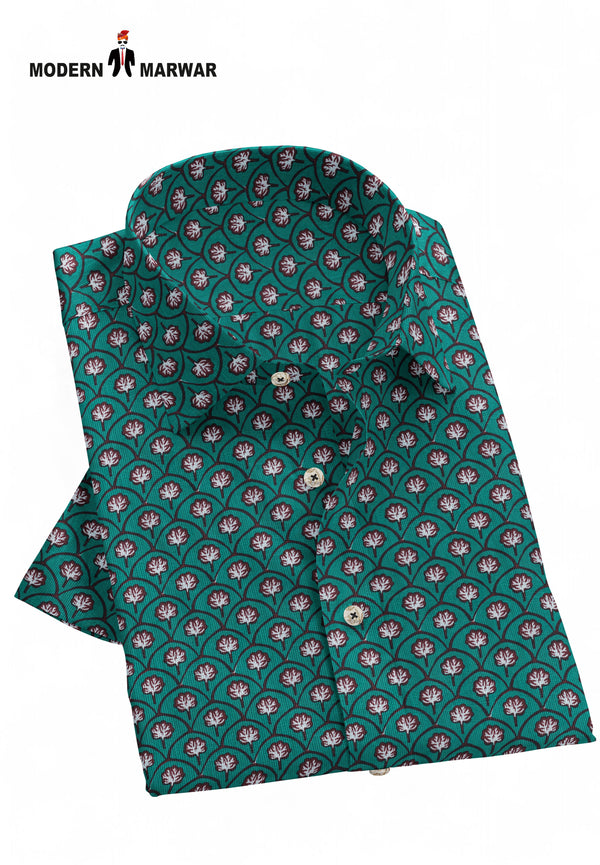 Modern Marwar Sanganeri print shirt in vibrant teal with floral patterns for a stylish look