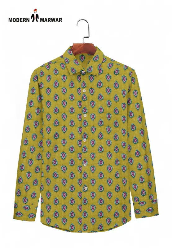 Sanganeri printed shirt in vibrant yellow with colorful patterns from Modern Marwar
