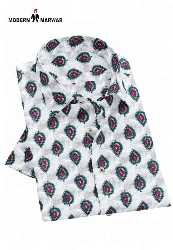 Modern Marwar Sanganeri printed shirts in white with colorful leaf patterns, perfect for casual wear