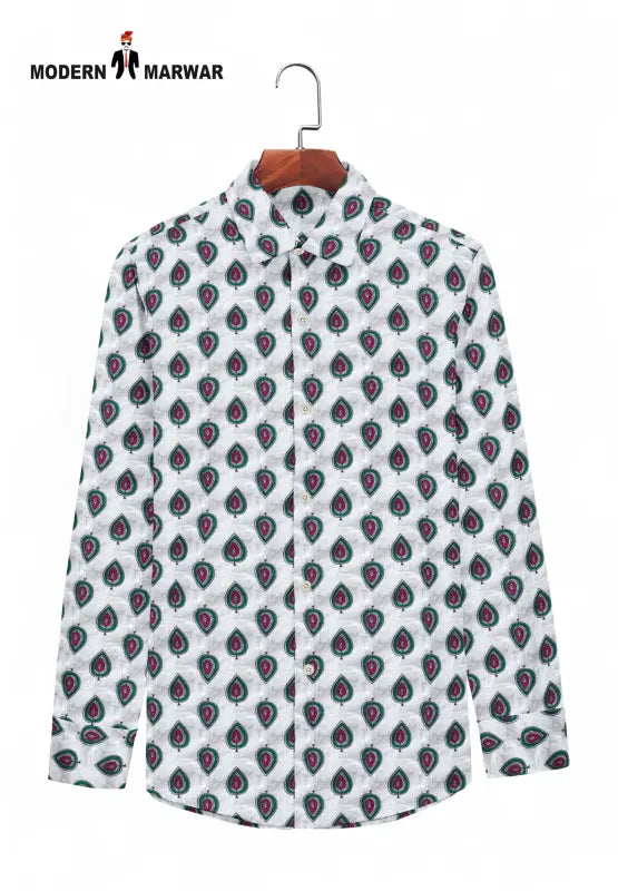 Modern Marwar Sanganeri printed shirts featuring elegant peacock designs on a white background