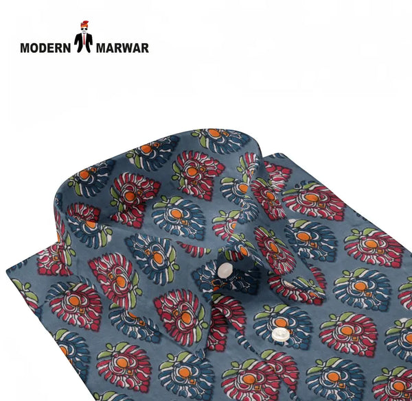 Sanganeri shirts for men by Modern Marwar featuring a unique floral pattern on a blue background