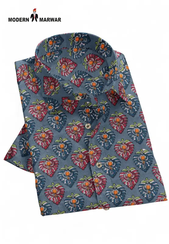 Blue Sanganeri shirts for men by Modern Marwar featuring vibrant floral patterns