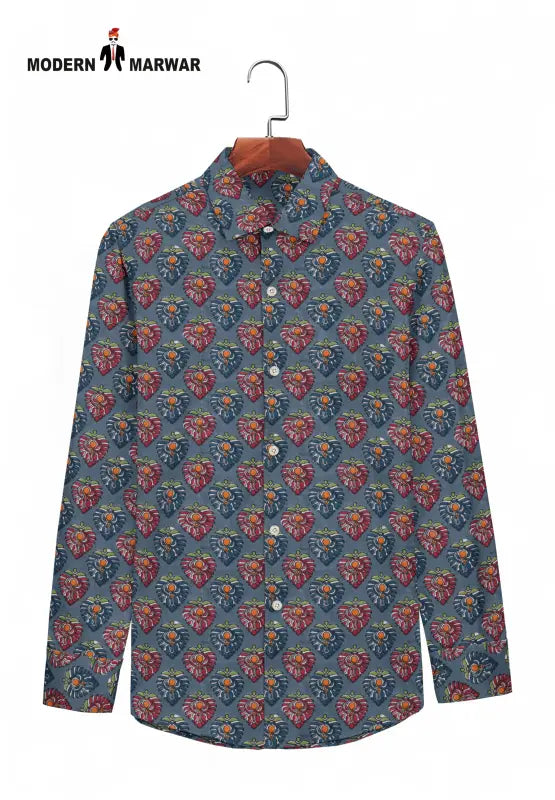 Modern Marwar Sanganeri shirts for men featuring a blue floral print design