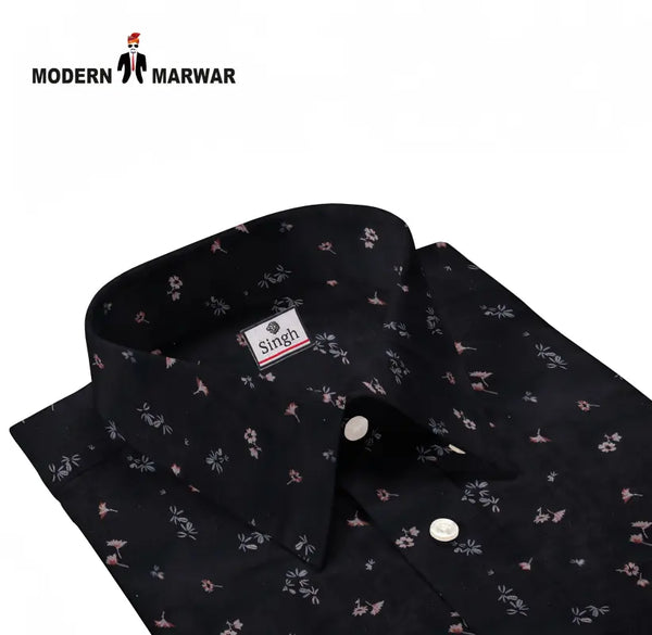 Modern Marwar black printed men's shirt with floral pattern and buttoned collar