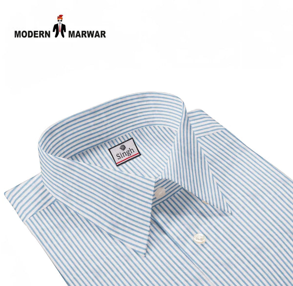 Modern Marwar striped formal shirt for men in light blue and white with a crisp collar