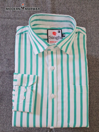 Folded striped men's shirt in green and white from Modern Marwar with button-down collar