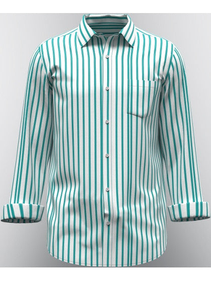 Modern Marwar striped men's shirt in teal and white with a classic collar and chest pocket