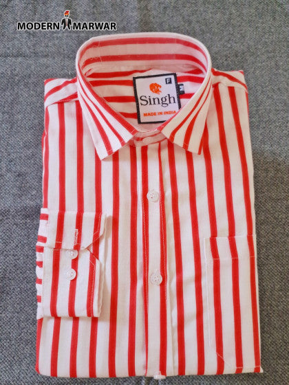 Striped men's shirt India with a classic red and white design, featuring a button-down collar