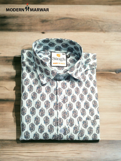 Stylish casual shirt men by Modern Marwar featuring a paisley print design on a light background