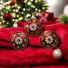 Set of three decorative buttons featuring a traditional button design with red, green, and white patterns