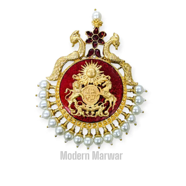 Traditional sarpech accessory with intricate gold detailing and pearl embellishments from Modern Marwar