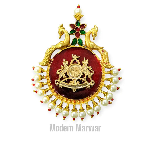 Elegant traditional sarpech accessory featuring intricate design with peacock motifs and pearl detailing