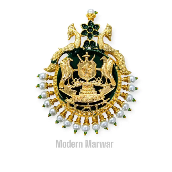 Traditional sarpech for safas featuring intricate gold design and pearl embellishments