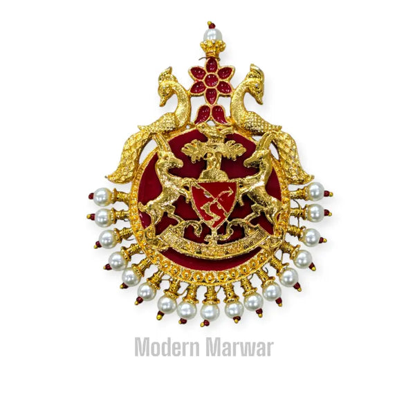 Traditional sarpech for wedding featuring intricate gold design and pearl accents