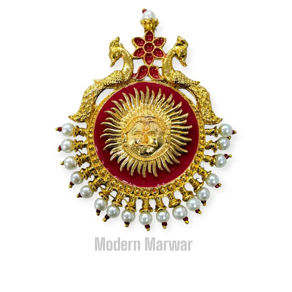 Traditional sarpech jewelry with sun motif and pearl embellishments by Modern Marwar