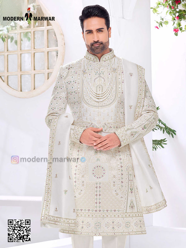 Elegant wedding groom sherwani combo in white with intricate embroidery and matching dupatta