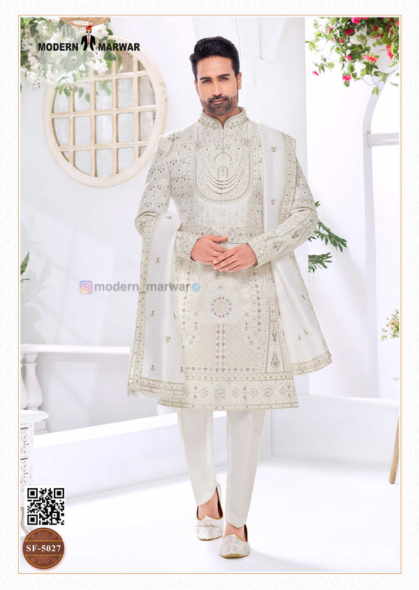 Elegant wedding groom sherwani combo in white with intricate embroidery and matching accessories