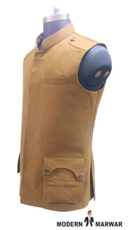 Modern Marwar M Nahru Jacket in warm brown featuring a wool gun pocket vest for stylish comfort