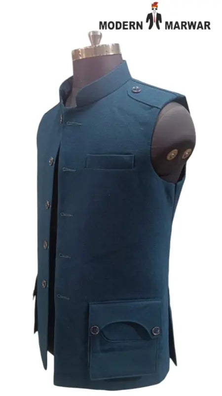 Modern Marwar M Nahru Jacket in teal featuring a stylish wool gun pocket vest design