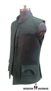 Men's Modern Marwar Nahru Jacket in green featuring a wool gun pocket vest design