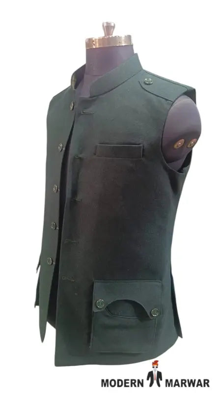 Men's Modern Marwar Nahru Jacket in green featuring a wool gun pocket vest design