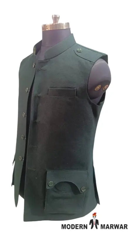 Modern Marwar Men's Nahru Jacket in Dark Green featuring a stylish wool gun pocket vest