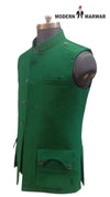Modern Marwar M Nahru Jacket in green featuring a wool gun pocket vest design