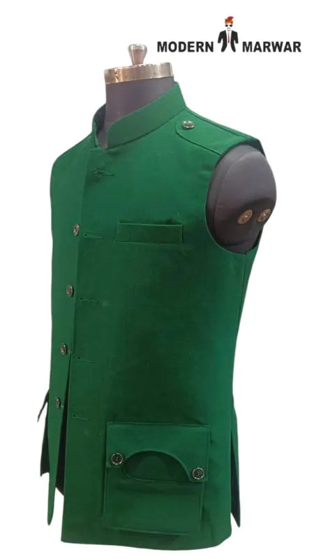 Modern Marwar M Nahru Jacket in green featuring a wool gun pocket vest design