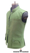 Modern Marwar M Nahru Jacket in green featuring a stylish design with a wool gun pocket vest