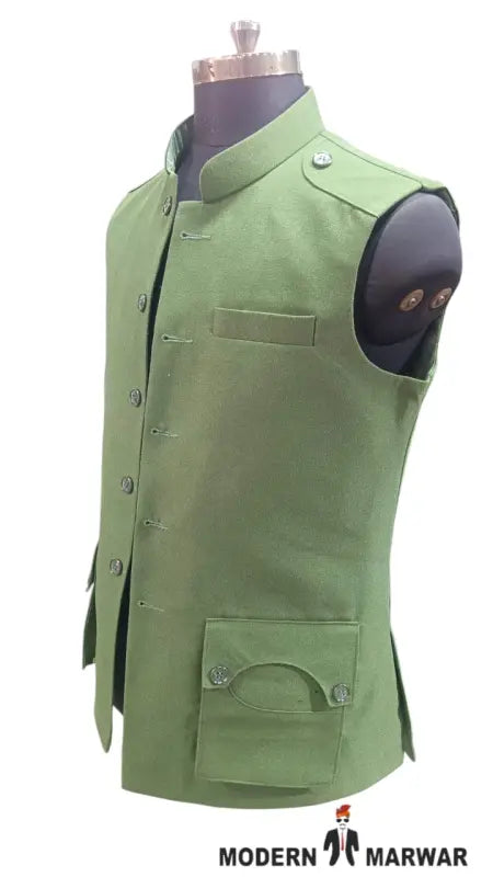 Modern Marwar M Nahru Jacket in green featuring a stylish design with a wool gun pocket vest
