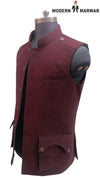 Modern Marwar M Nahru Jacket in burgundy with a wool gun pocket vest design for stylish layering