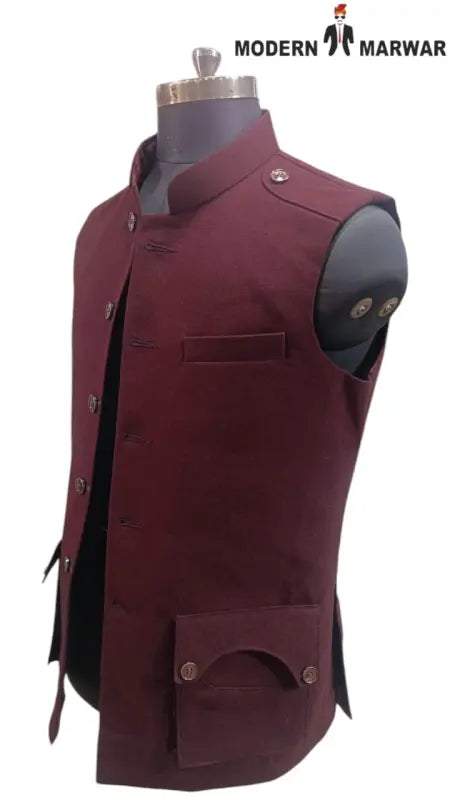 Modern Marwar M Nahru Jacket in burgundy with a wool gun pocket vest design for stylish layering