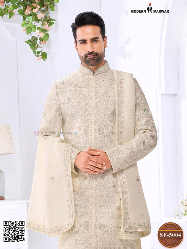 Elegant wedding groom sherwani combo in cream with intricate embroidery for stylish grooms
