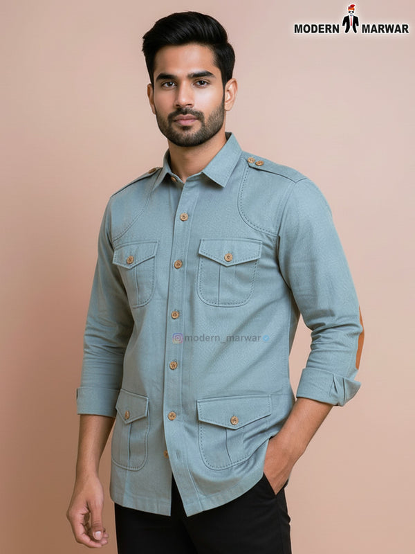 Modern men's long sleeve Hunting shirt by SINGH in light blue with multiple pockets