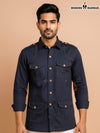 SINGH modern men's long sleeve Hunting shirt in navy blue with button pockets and military design