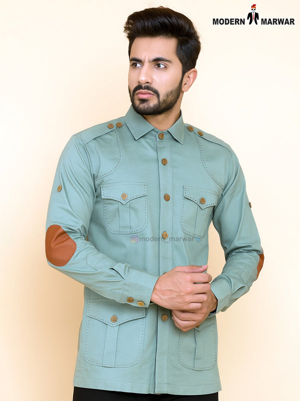 SINGH modern men's long sleeve shirt in green with stylish elbow patches and multiple pockets