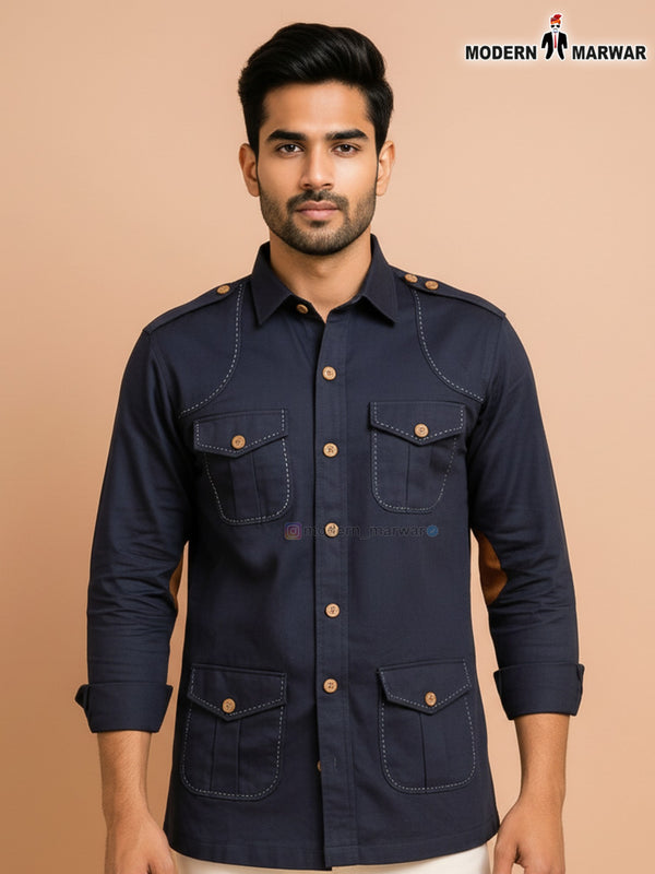 SINGH modern men's long sleeve shirt in navy blue with chest pockets and button details
