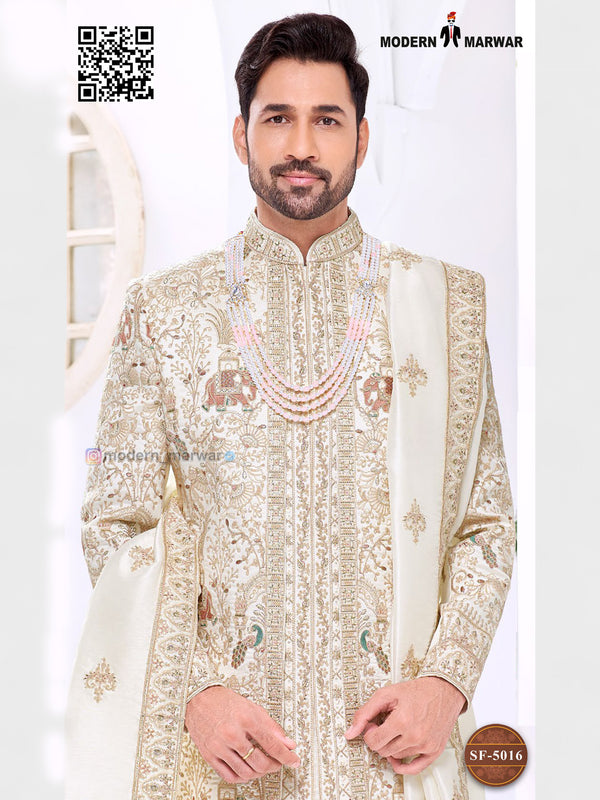Elegant Modern Marwar wedding groom sherwani combo with intricate embroidery and matching dupatta