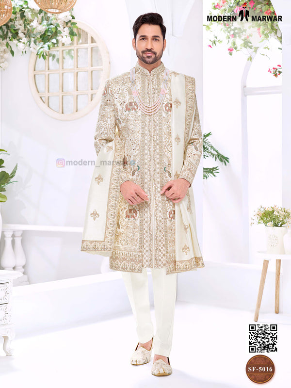Elegant wedding groom sherwani combo in cream with intricate embroidery and matching accessories