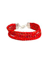 Modern Marwar red braided hand bracelet with silver clasp, perfect for weddings and celebrations.