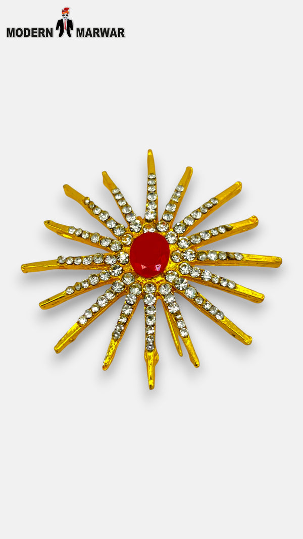 M WAIST USE Gold P PIN LOGO-6 Brooch with Red Stone and Sparkling Rhinestones