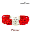 Default red fabric bracelet from SINGH featuring a Panwar logo moli bracelet design
