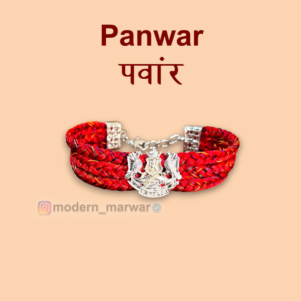 Panwar logo moli bracelet in red with traditional design and decorative silver detailing