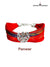 Default red bracelet with fabric strands featuring the Panwar logo moli bracelet at a side angle