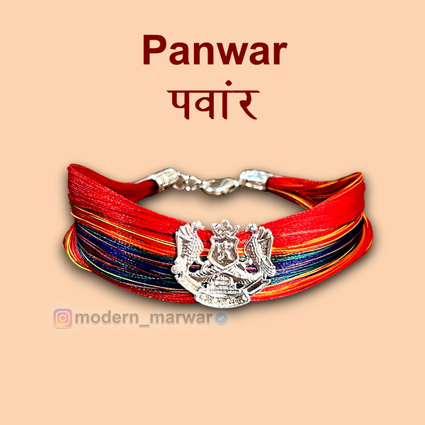 Panwar logo moli bracelet with colorful threads and silver emblem for a striking appearance