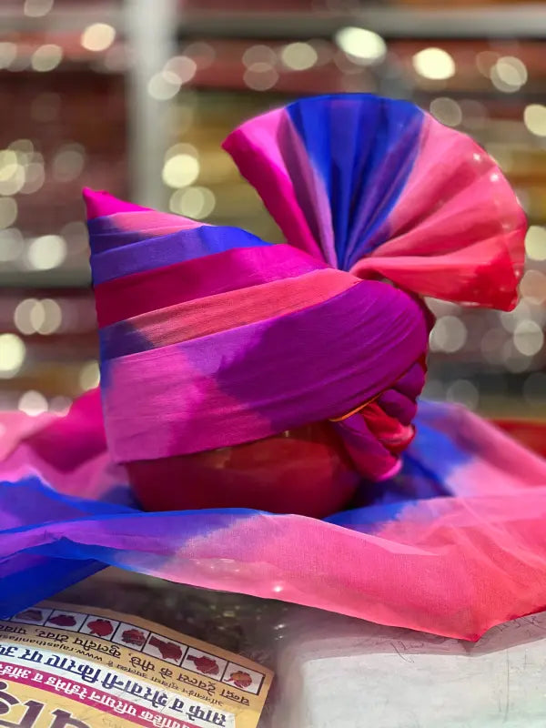 Pink blue wedding turban from Modern Marwar with elegant draping for festive occasions