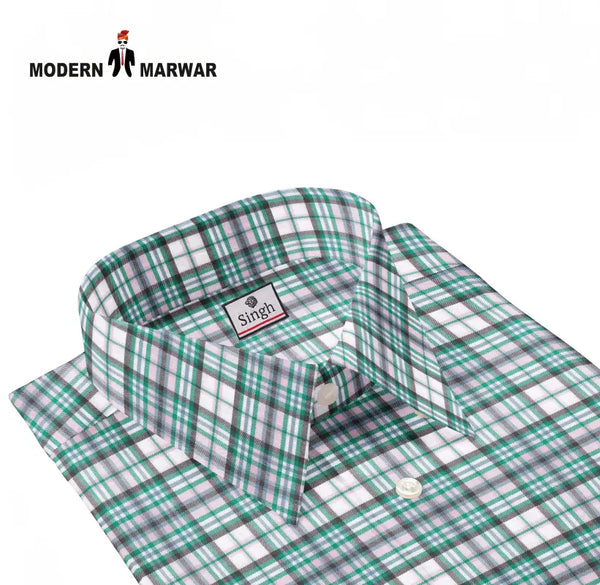 Modern Marwar Premium Checked Shirts for Men in Green and White Patterned Fabric