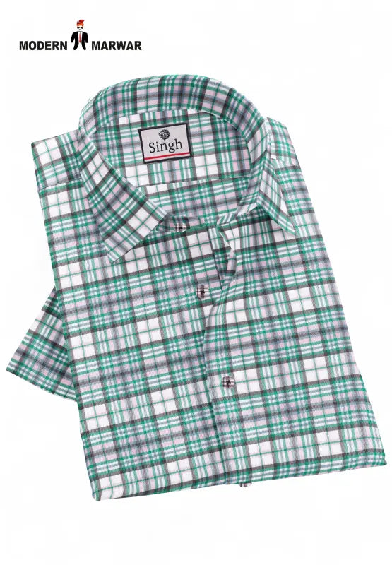 Modern Marwar premium checked shirts for men in green and white with a classic collar and button details
